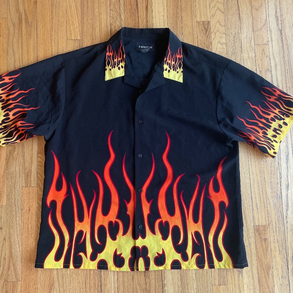 No Boundaries Black and Red Flame Casual Button Down Shirt